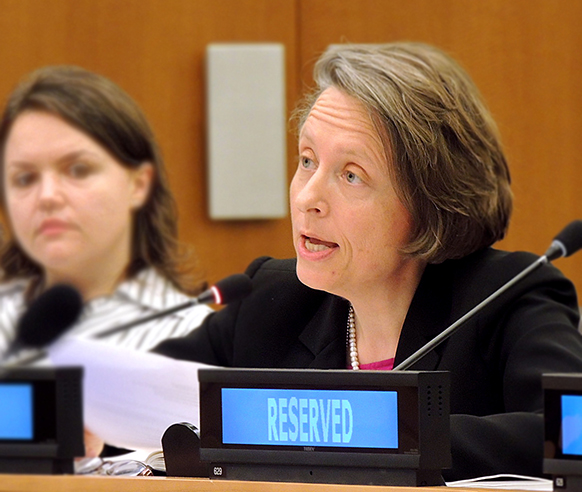 Speaking on behalf of the Sisters of Mercy, Mercy International Association at the U.N. and the Mining Working Group, Sister Áine O'Connor (pictured), described at the November 27, 2013, Fifth Session of the Open Working Group how our members and partners worldwide are impacted by unsustainable energy generation-especially coal mining, biofuels, hydroelectric power, and now fracking for shale or coal-seam gas.