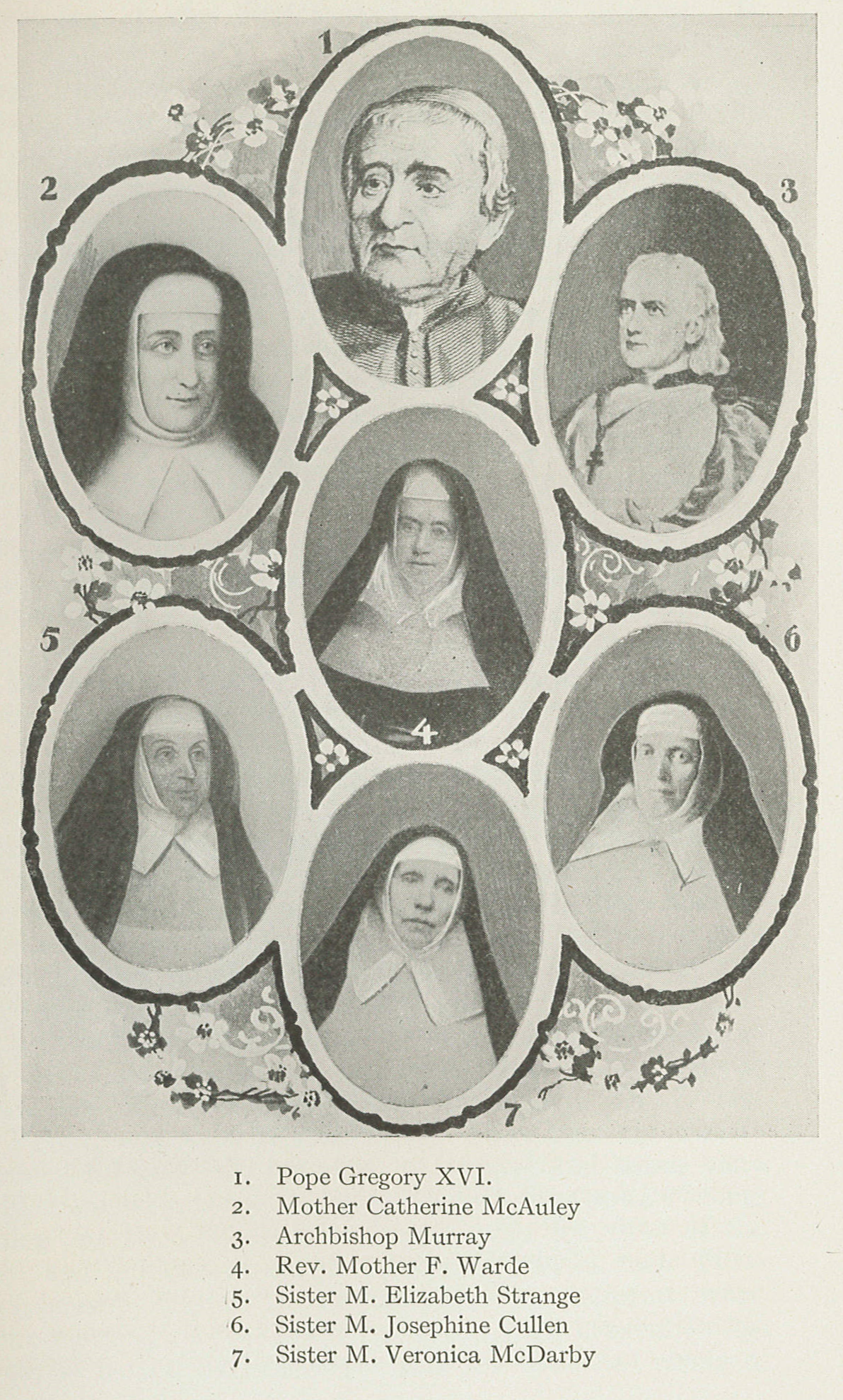 In this illustration from Memoirs of the Pittsburgh Sisters of Mercy, Sister Veronica McDarby is centered at the bottom, labeled 7. 