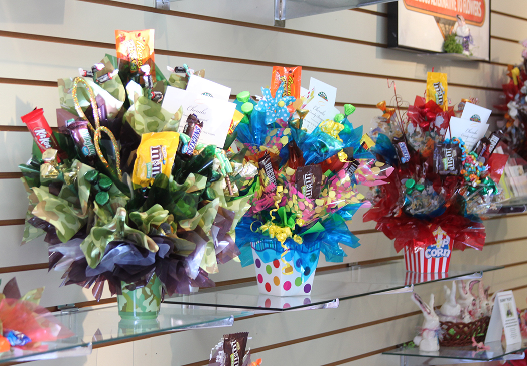 Colorful and tasty candy bouquets are always available at Cherubs Candy Bouquet. 