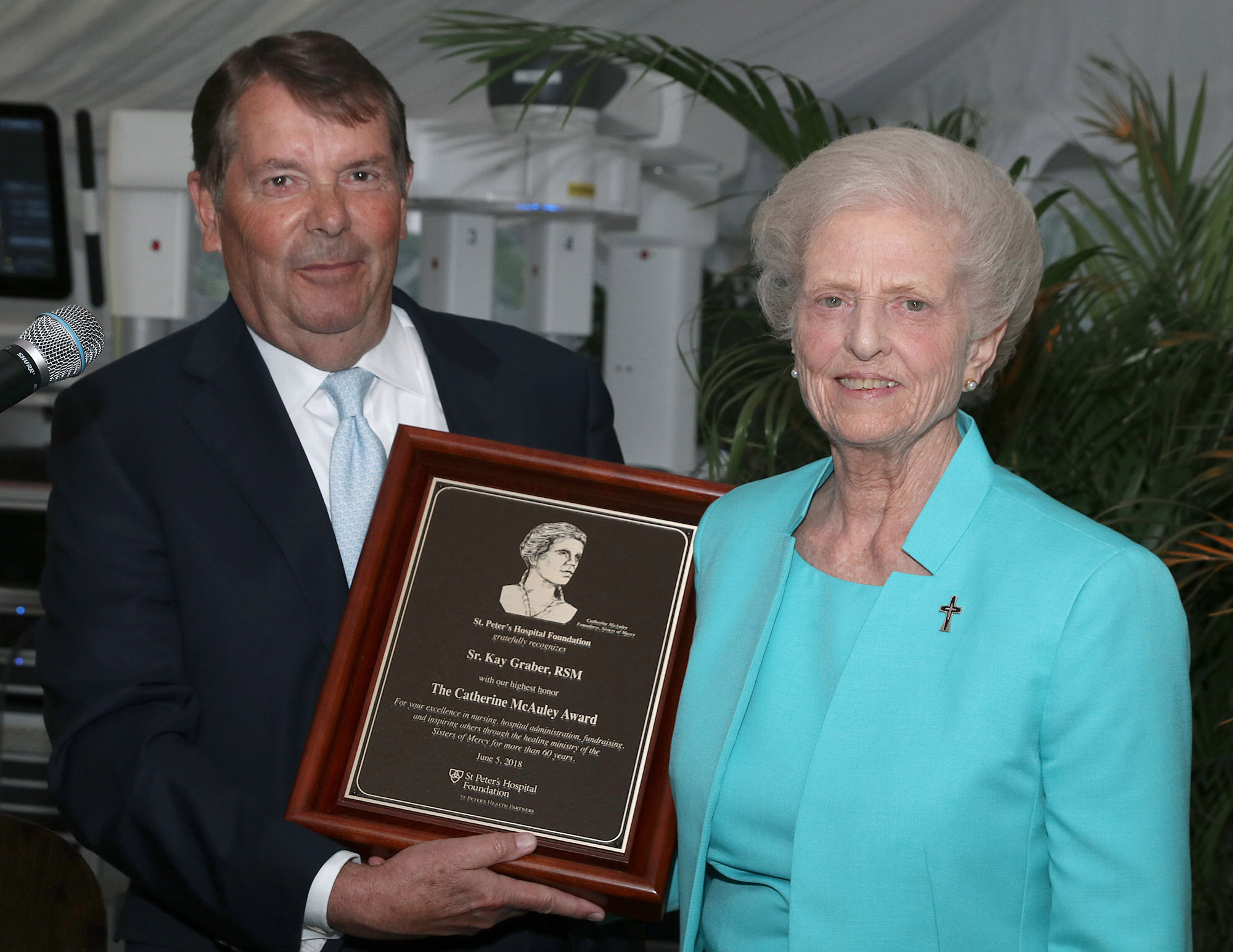 Sister Kay received the Catherine McAuley Award from St. Peter's Hospital Foundation on June 5, 2018, from Thomas Tyrrell, Foundation chair, for furthering the hospital's Mercy mission. (Photo via: Joe Putrock/Special to the Times Union)