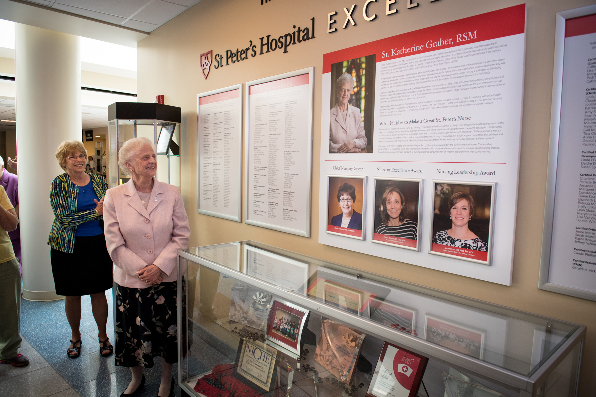 Sister Kay at a St. Peter's Hospital celebration in her honor in 2017. The hospital renamed its Wall of Nursing Excellence the Sister Katherine Graber, RSM, Wall of Distinction. (Photo via: St. Peter's Hospital Foundation)