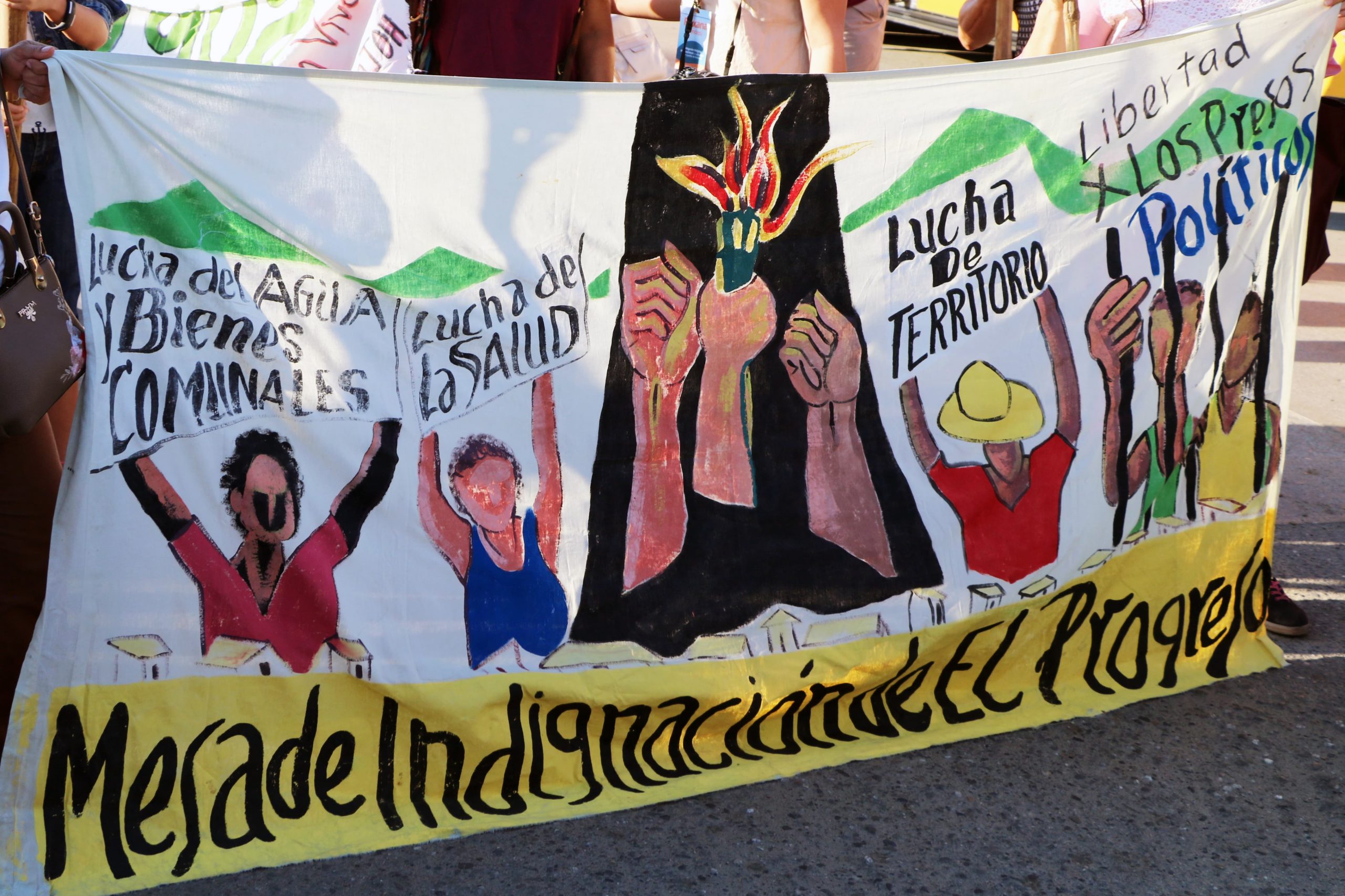 A banner during a protest features phrases like: Free the political prisoners, fight for the land, fight for water and community resources.