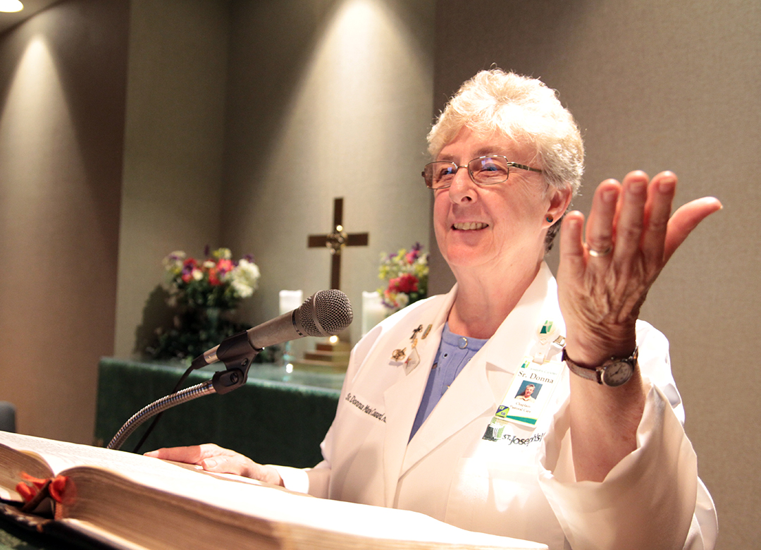 Sister Donna Marie Coward leads Sunday prayer service.